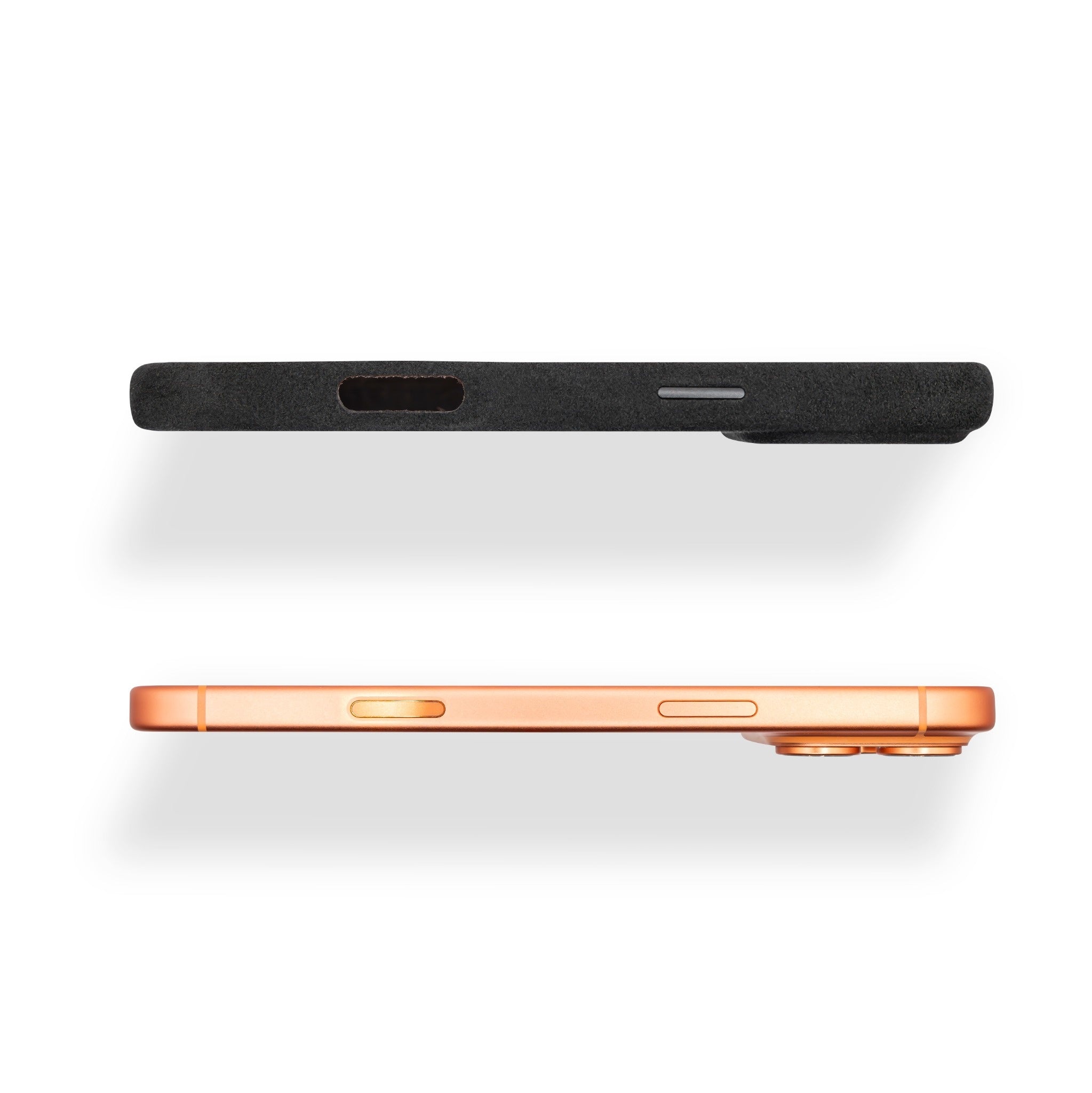 Alcantara Leder Handyhuelle Oberseite mit USB-C und Lautsprecher Aussparung schwarz und cognac LUNERO Como