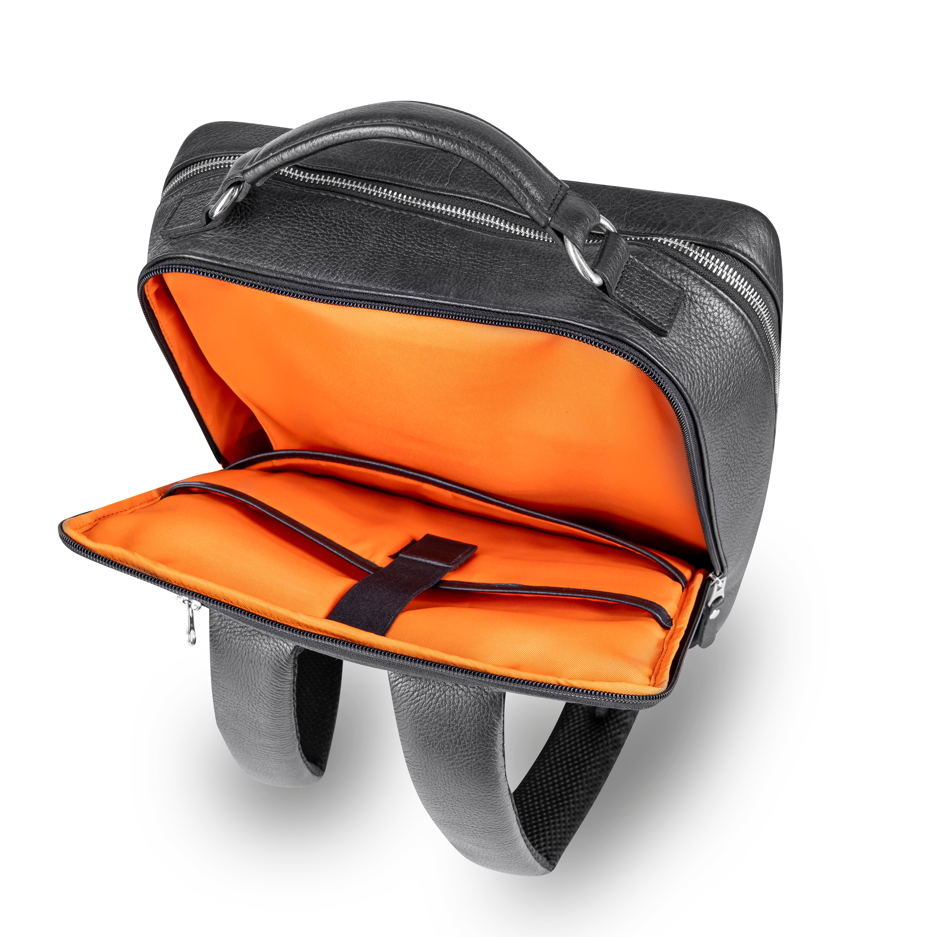 Leder Rucksack Herren mit Laptopfach offen Innenansicht oranges Futter Premium Lederrucksack LUNERO Palermo